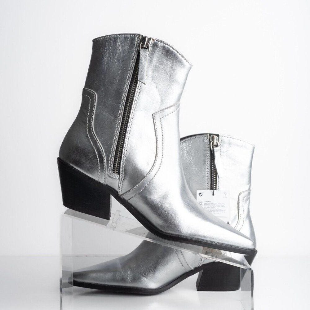 Zara Womens Metallic Silver Cowboy Leather Ankle Boots Western US 6.5 EU 37 NWT - Picture 3 of 11